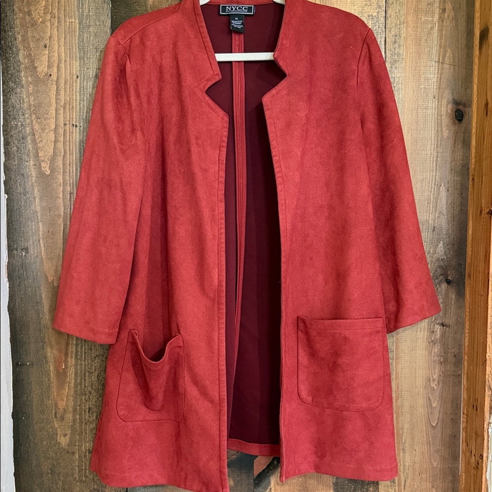 New York & Company Red Suede-Look Open Front Trench Coat